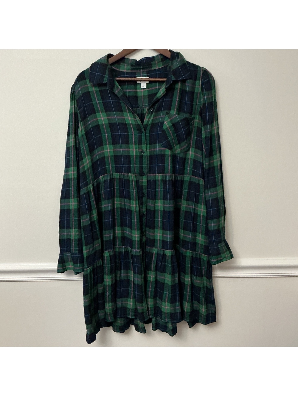 Crown & Ivy Women's Large Green and Navy Plaid Button-Up Shirt Dress